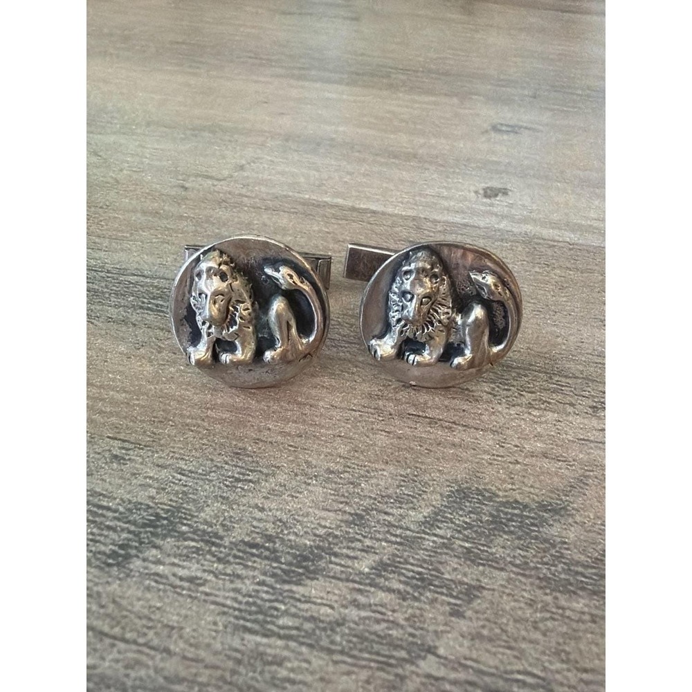 Vintage Oxidized‎ Sterling Silver Relief Lion T-Back Cufflinks